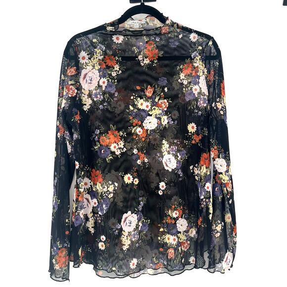 white birch Tops - White Birch Sheer Floral Mesh Mock Neck Top Dark Floral Long Sleeve Large